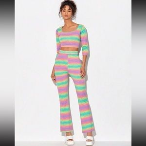 SHEIN Striped Rainbow Cropped Sweater & Flare Knit Pants